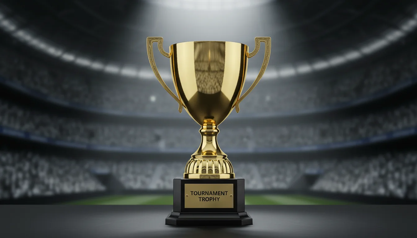 Cricket tournament trophy on display with stadium background