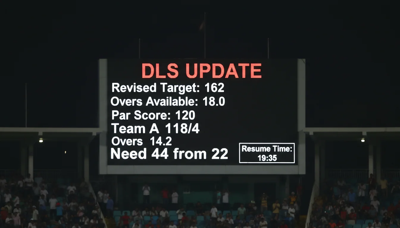 Cricket scoreboard showing revised DLS target during rain-affected match