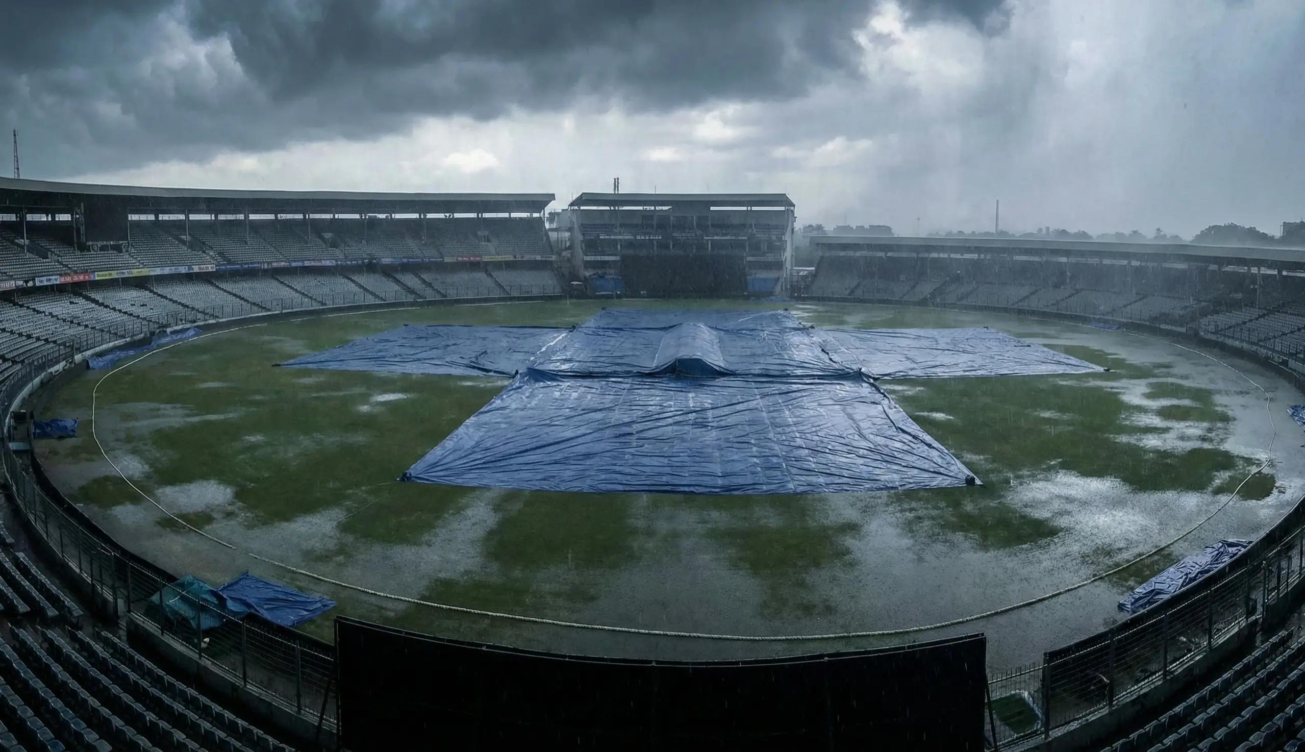 Cricket ground covers on pitch during rain delay with dark clouds