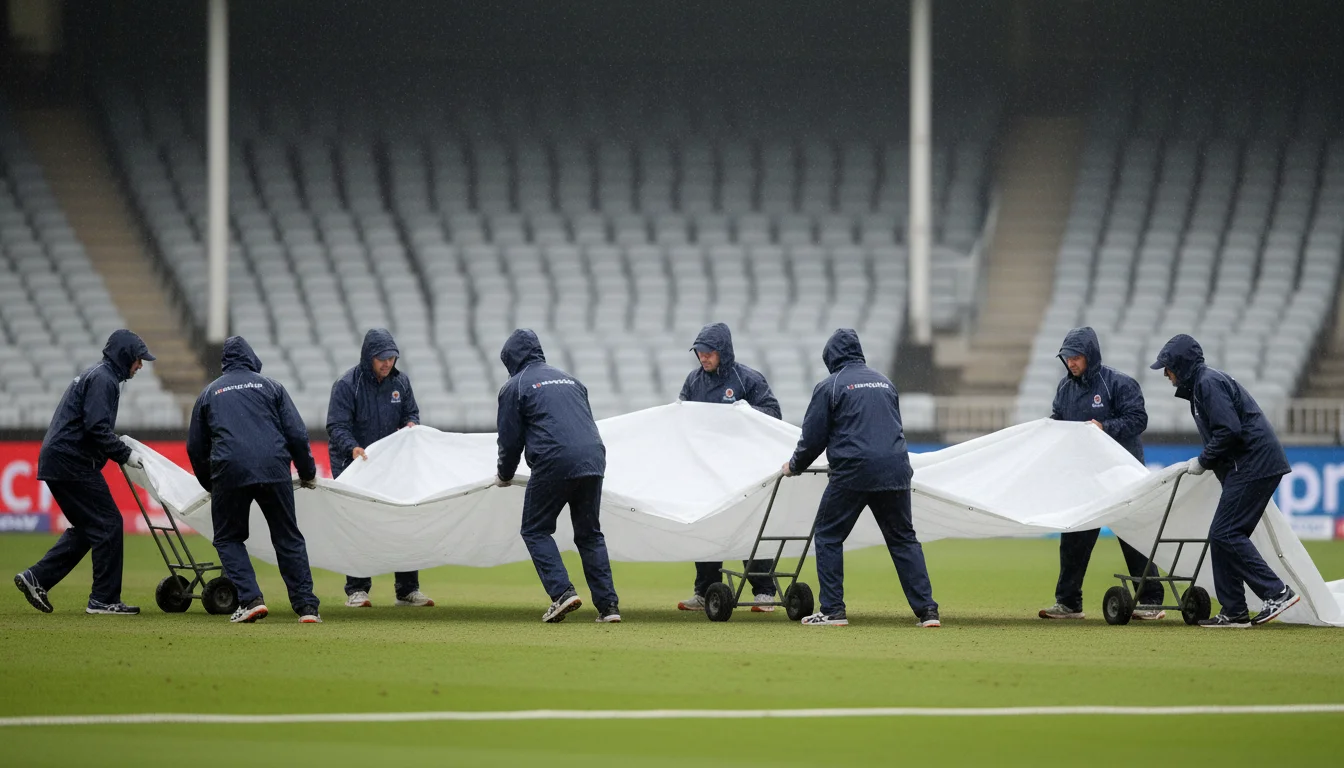 Ground staff pulling rain covers across cricket pitch as rain begins