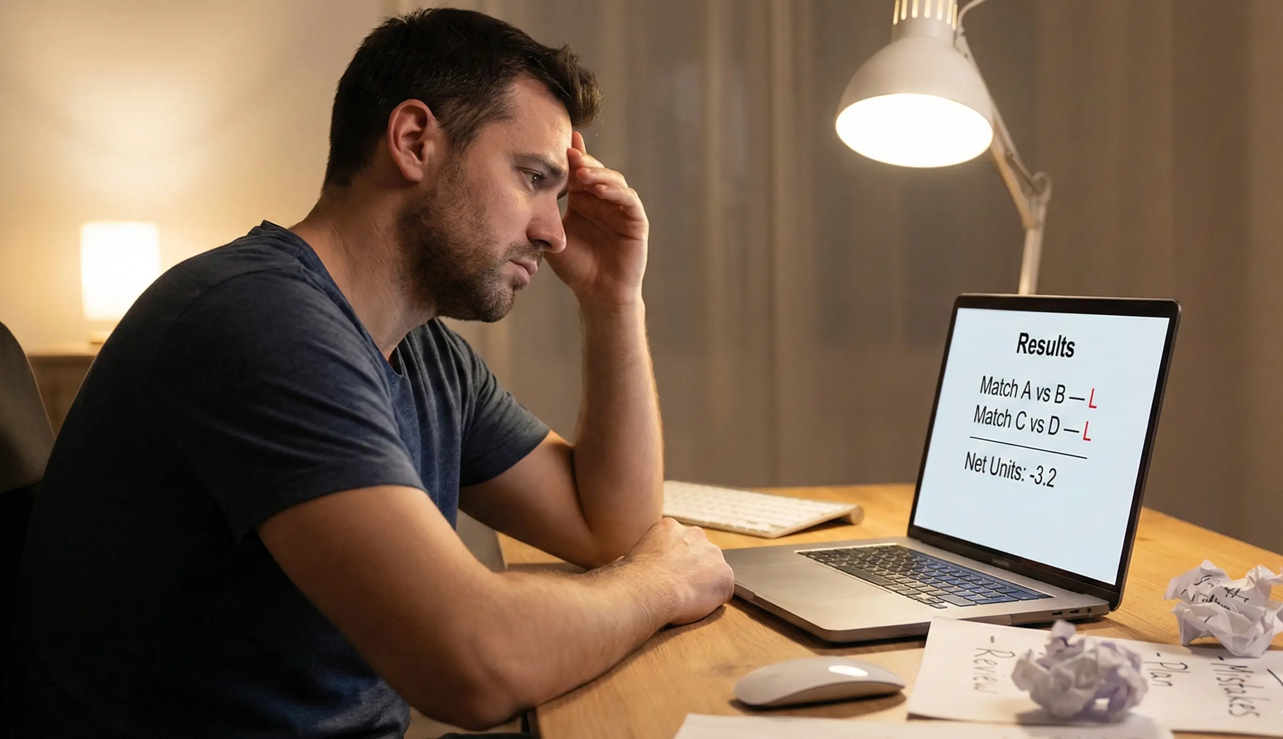 Person looking frustrated while reviewing betting results on laptop