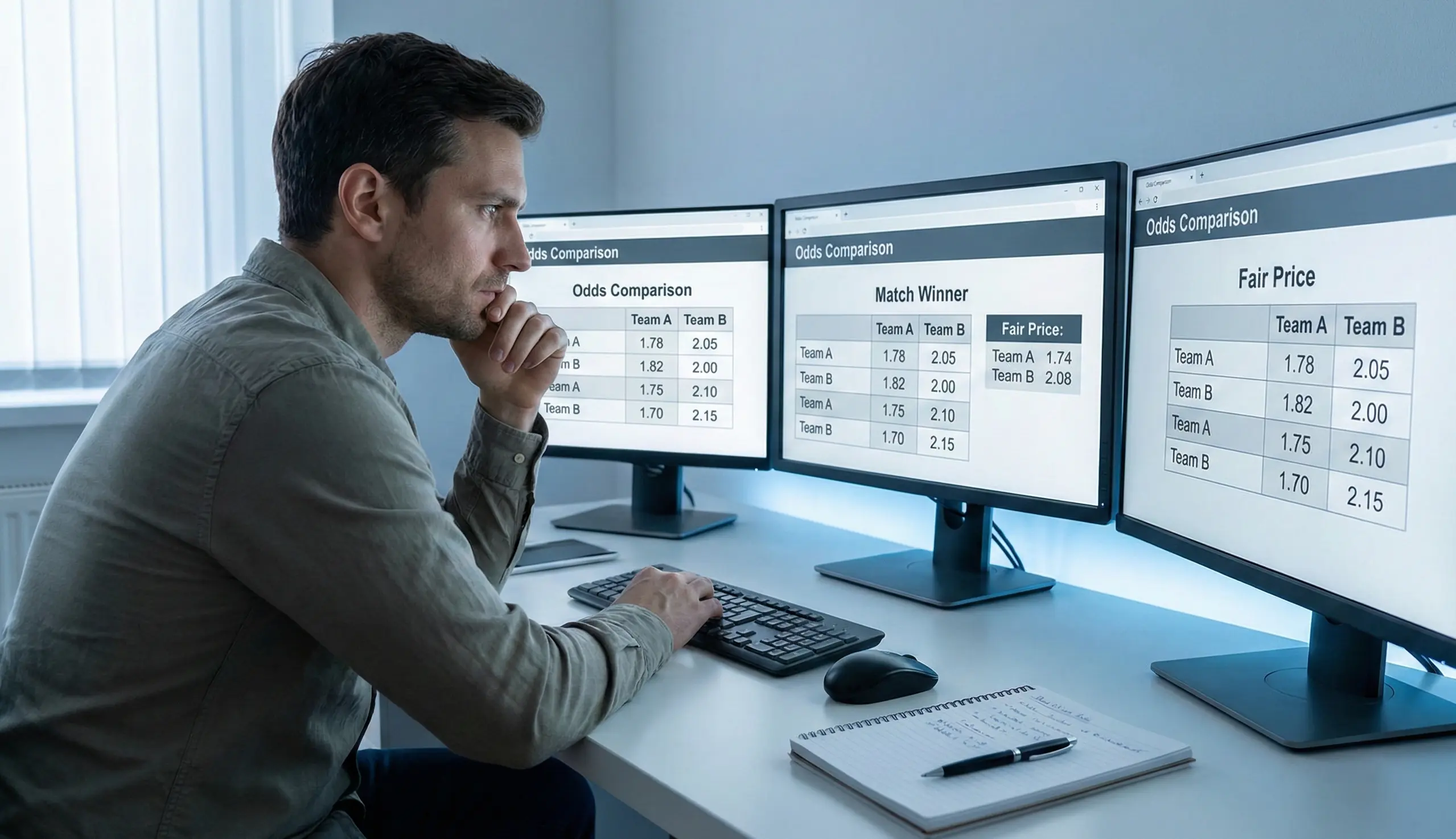 Person comparing betting odds on multiple screens