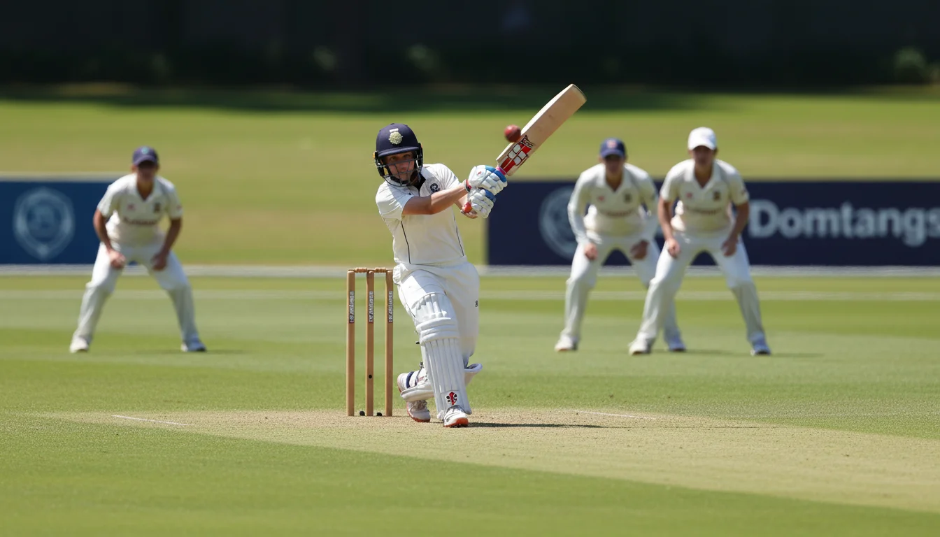 Women's cricket batsman playing shot with fielders in background