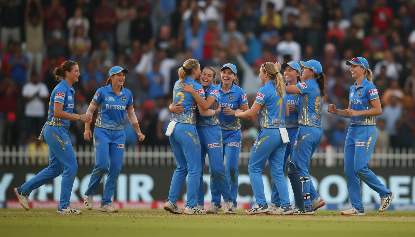 Women cricket players celebrating victory together on field