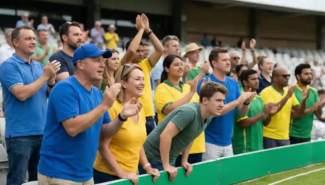 Cricket fans in stadium stands watching an ongoing match with green field visible