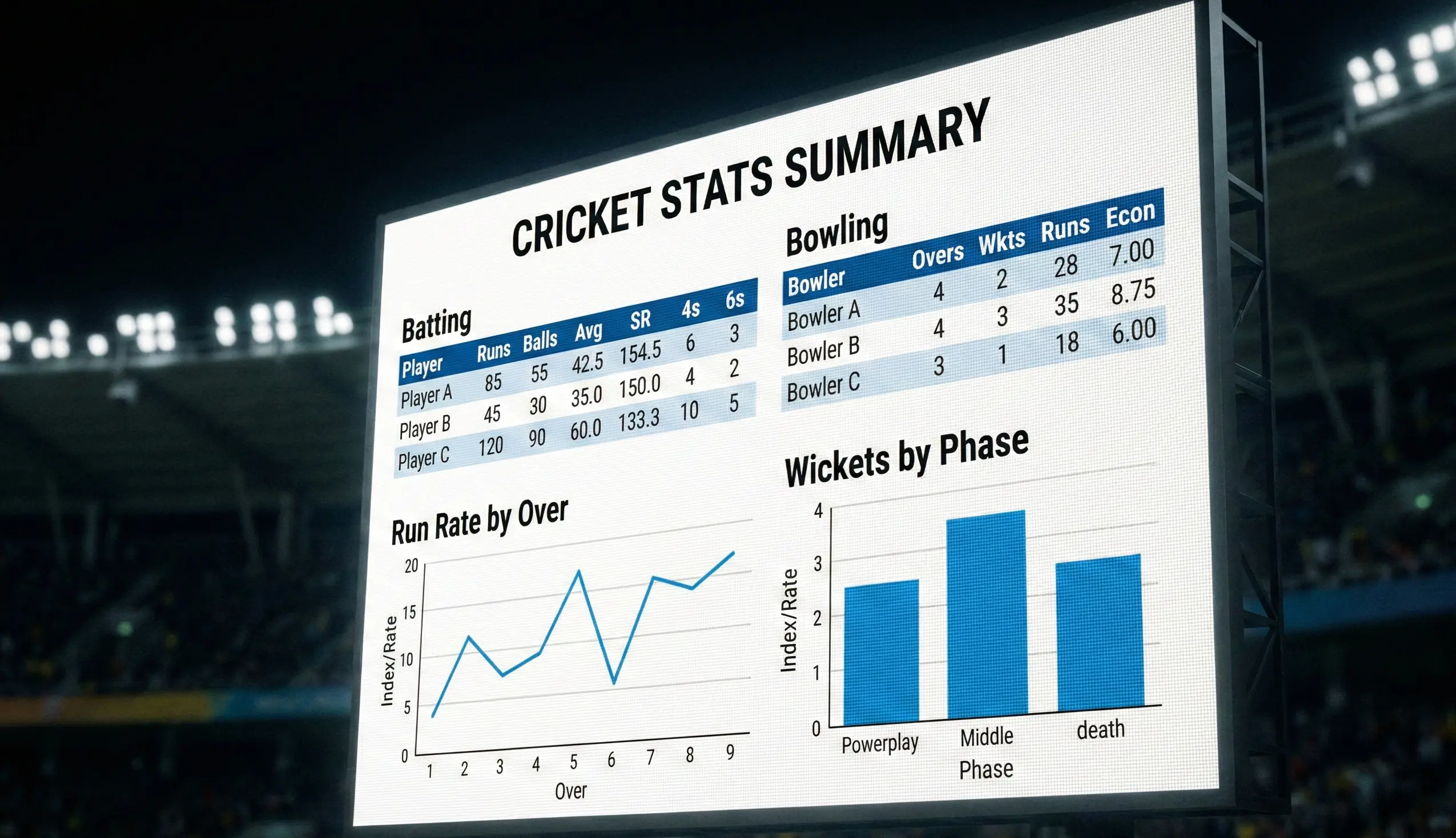 Cricket statistics displayed on large screen with detailed player data