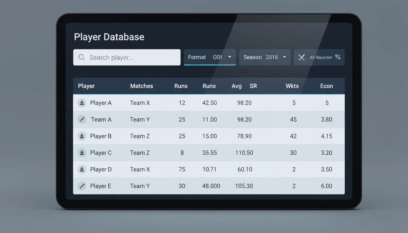 Database interface showing cricket player statistics and records