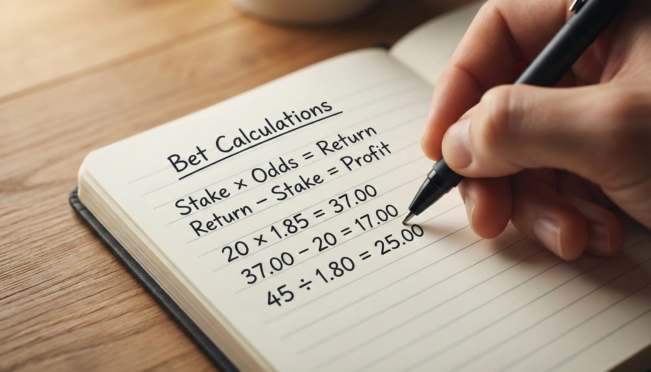 Person writing mathematical formulas for odds calculations in notebook