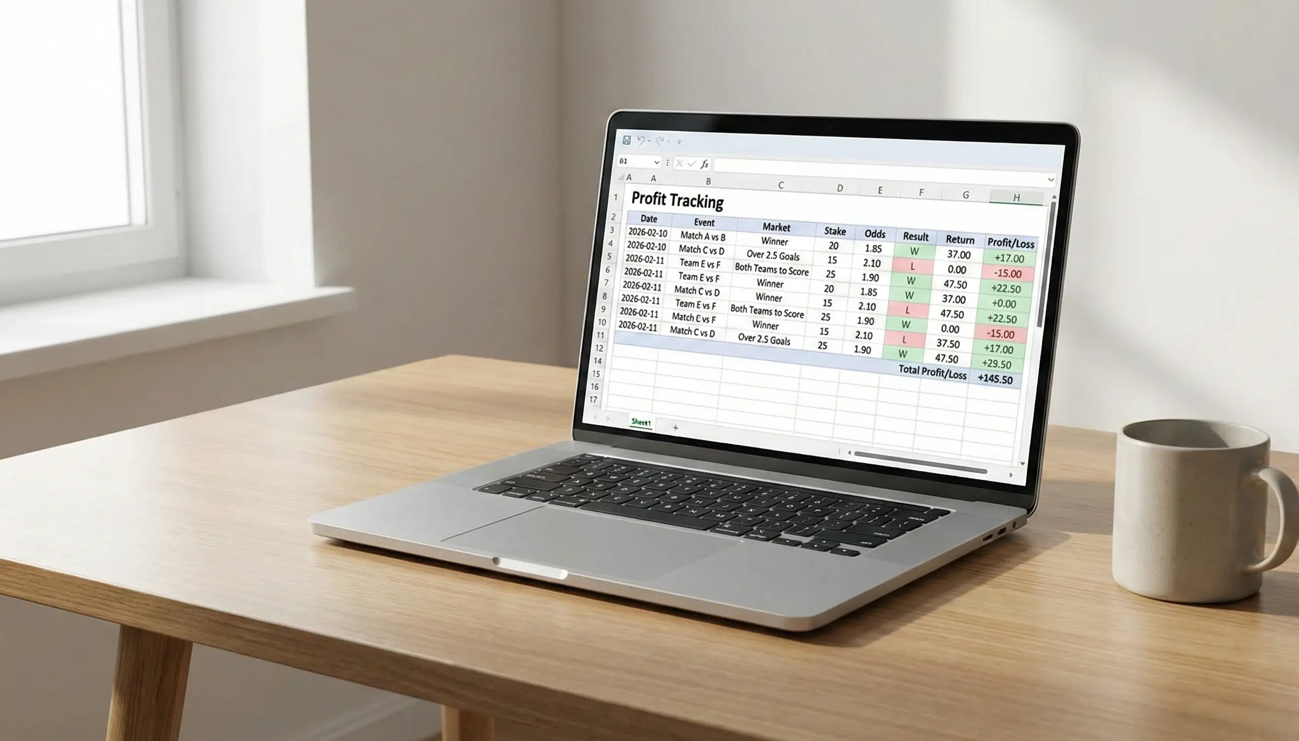 Laptop screen showing spreadsheet with betting records and profit tracking