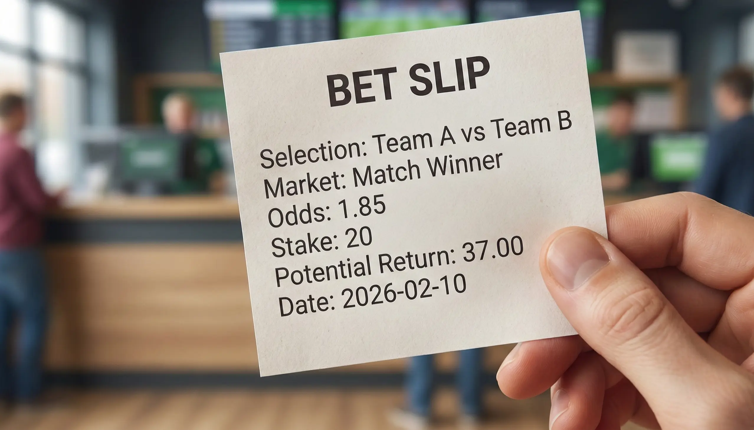 Person holding printed betting slip with match selections visible