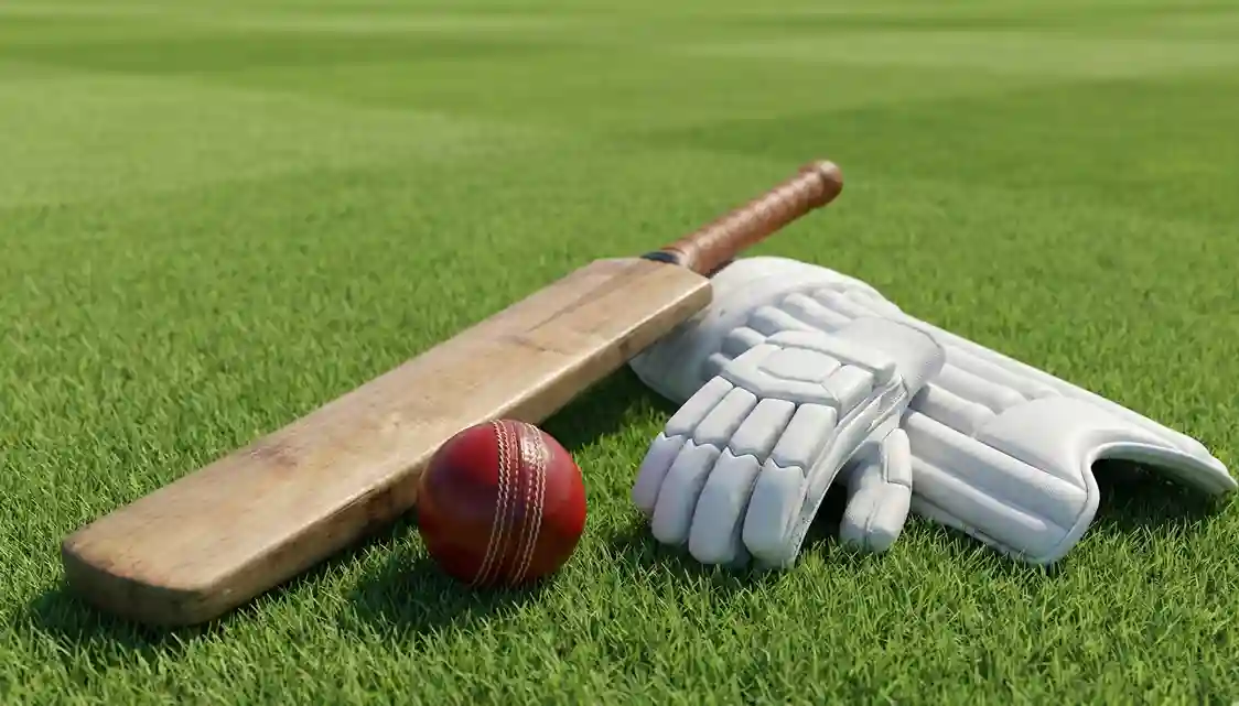Cricket bat, red ball, and batting gloves arranged on grass field