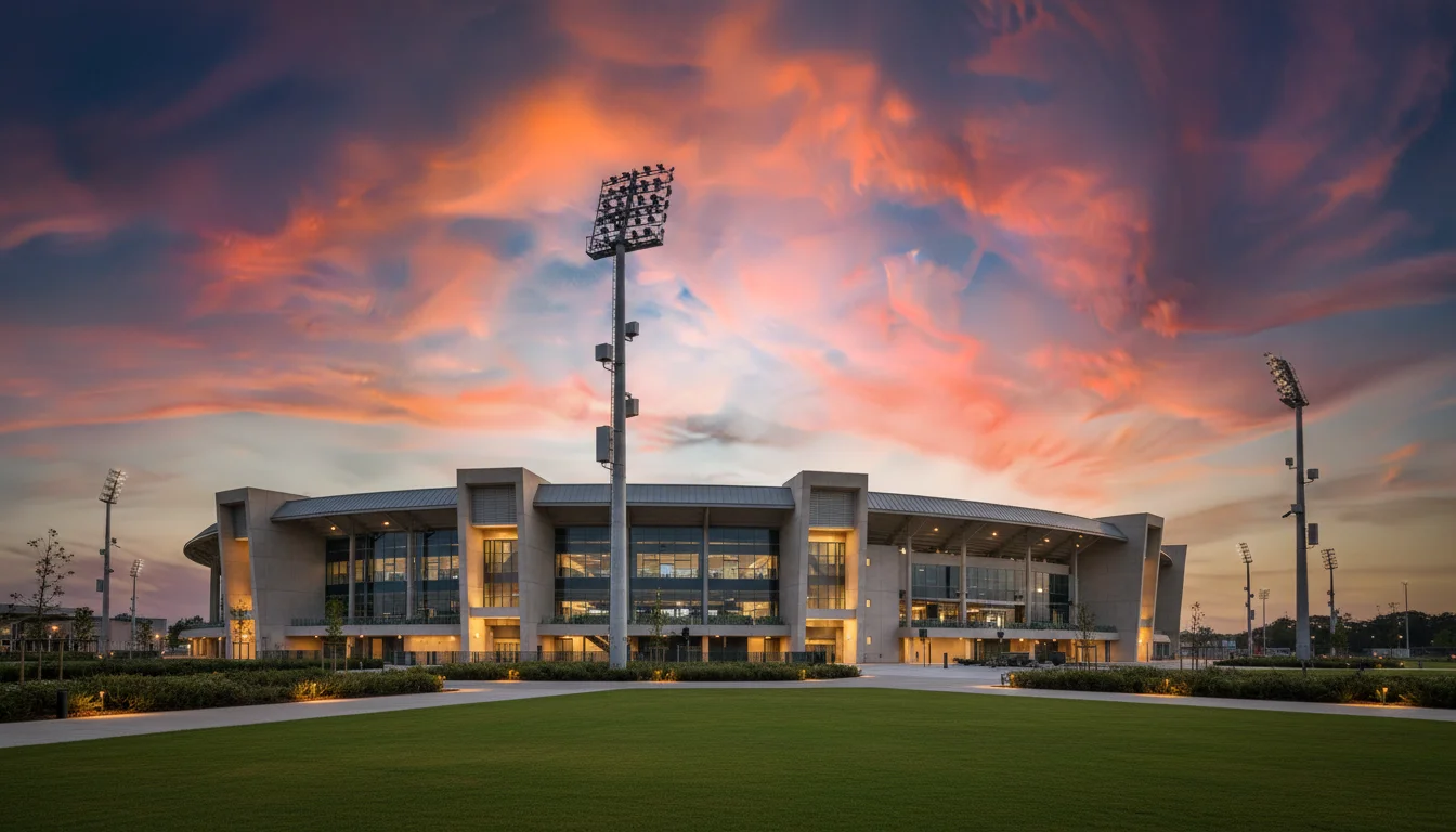 Professional cricket stadium with security and monitoring systems visible