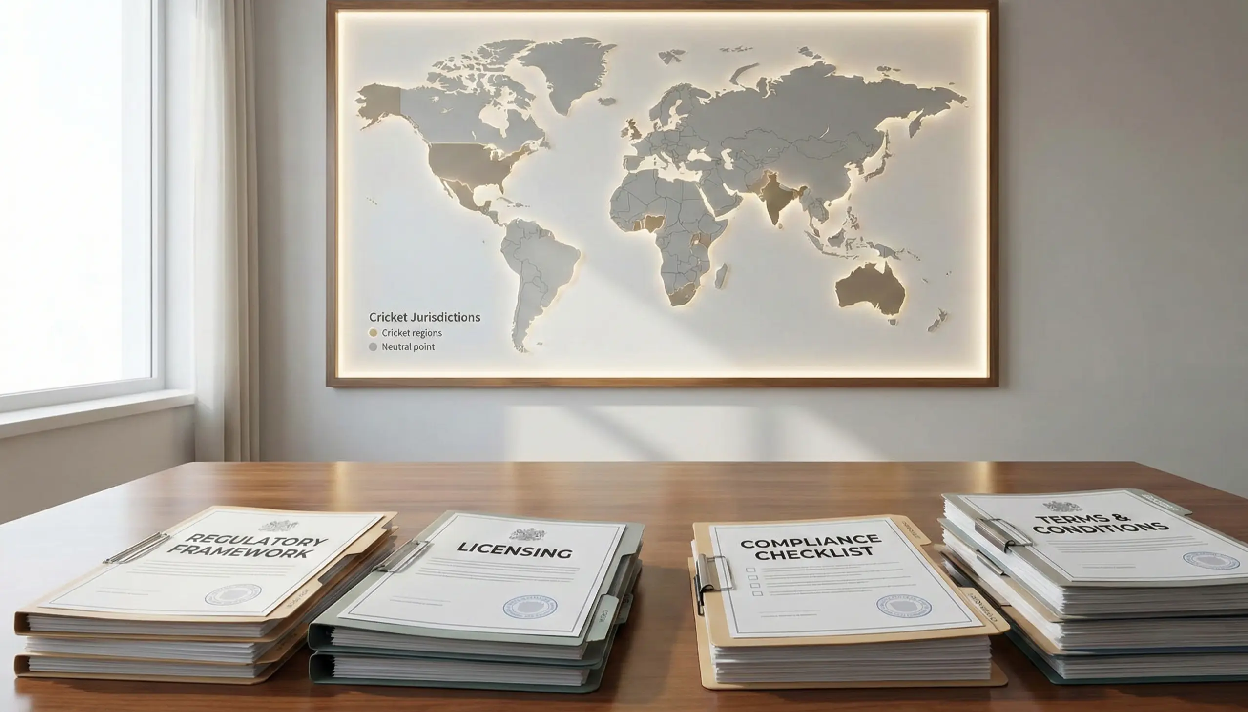 World map with highlighted cricket-playing nations and legal documents