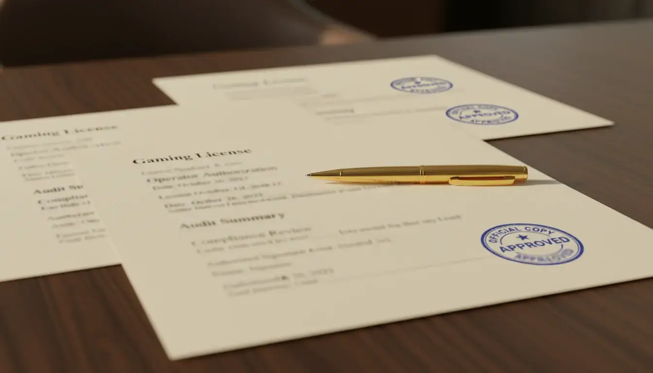 Legal documents and licensing papers on professional desk with pen