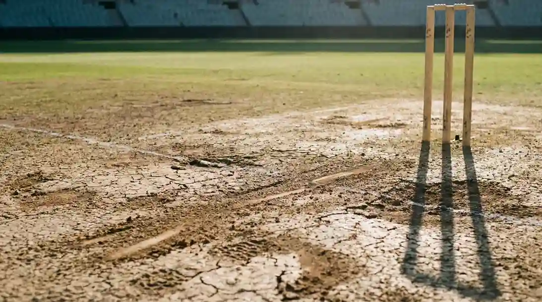 Cricket pitch on day five showing wear and cracks under bright sunlight