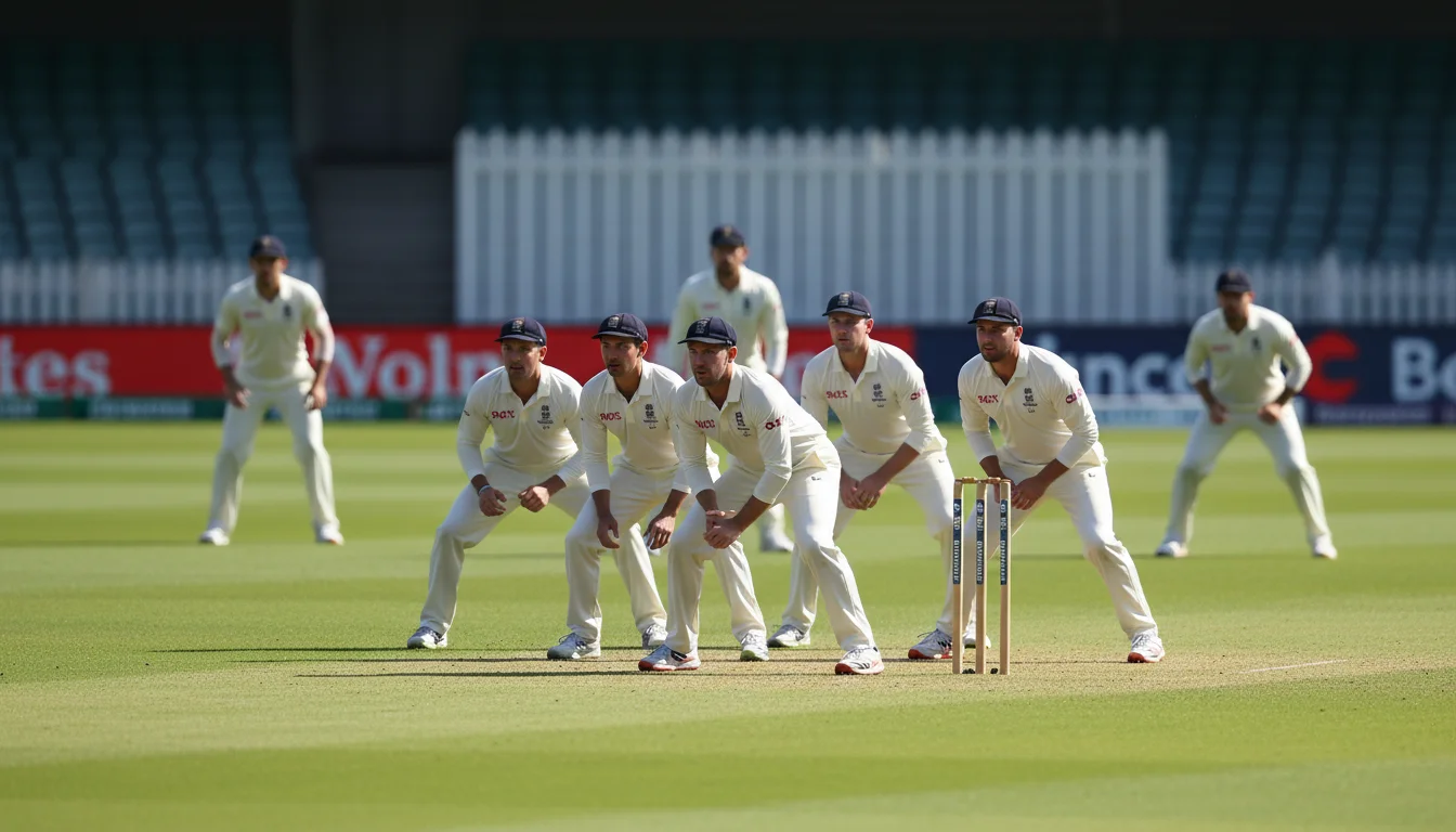 Test cricket players in white uniforms fielding on green outfield