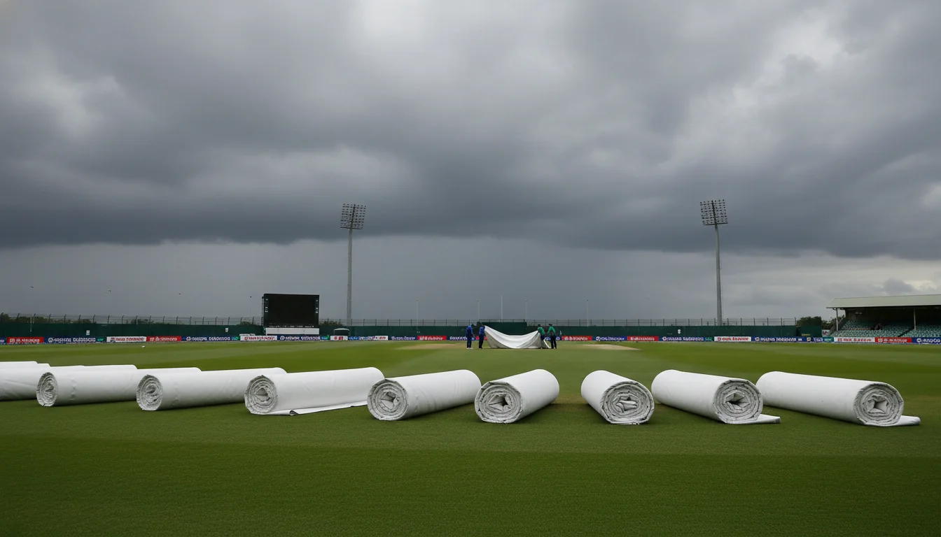 Cricket ground with overcast sky and covers ready near the pitch