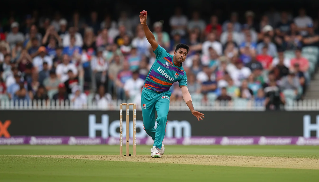 Fast bowler in colorful ODI uniform delivering ball during day match