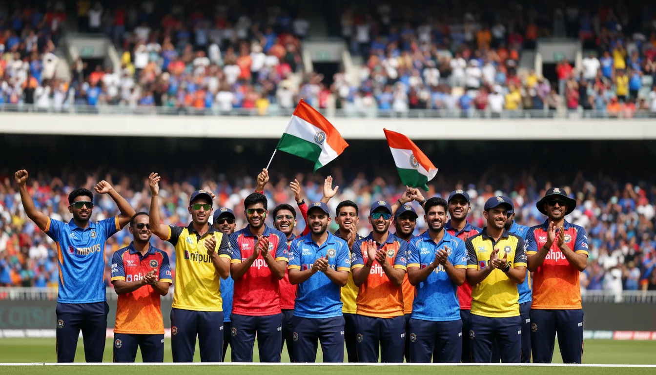 Colorful crowd cheering in ODI cricket stadium during daytime match