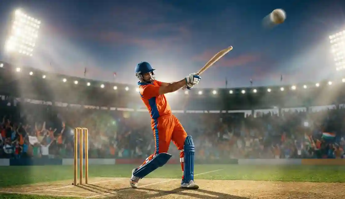 T20 cricket batsman hitting a six shot during evening match under floodlights