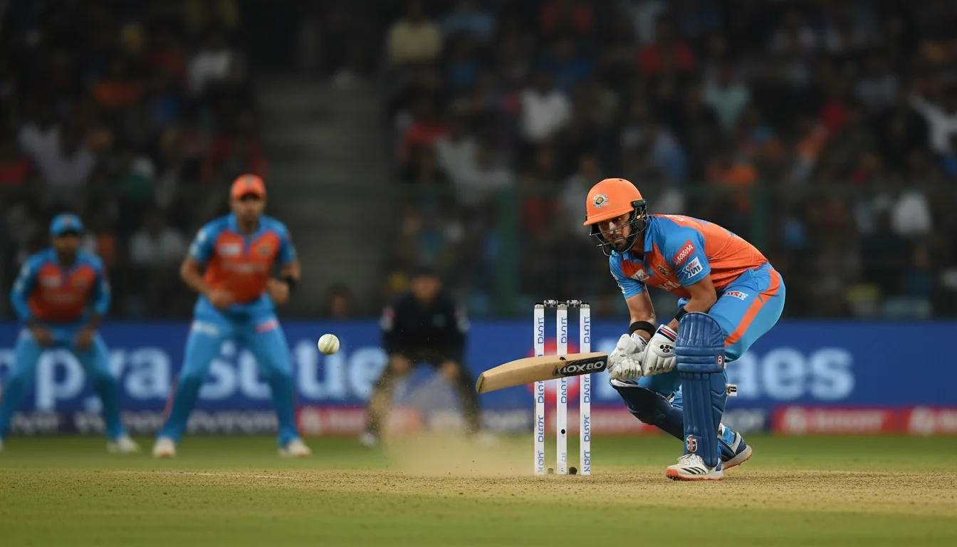 T20 bowler executing yorker delivery during death overs under stadium lights