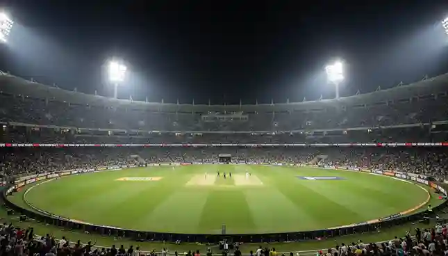 T20 cricket stadium at night with colorful floodlights and packed stands