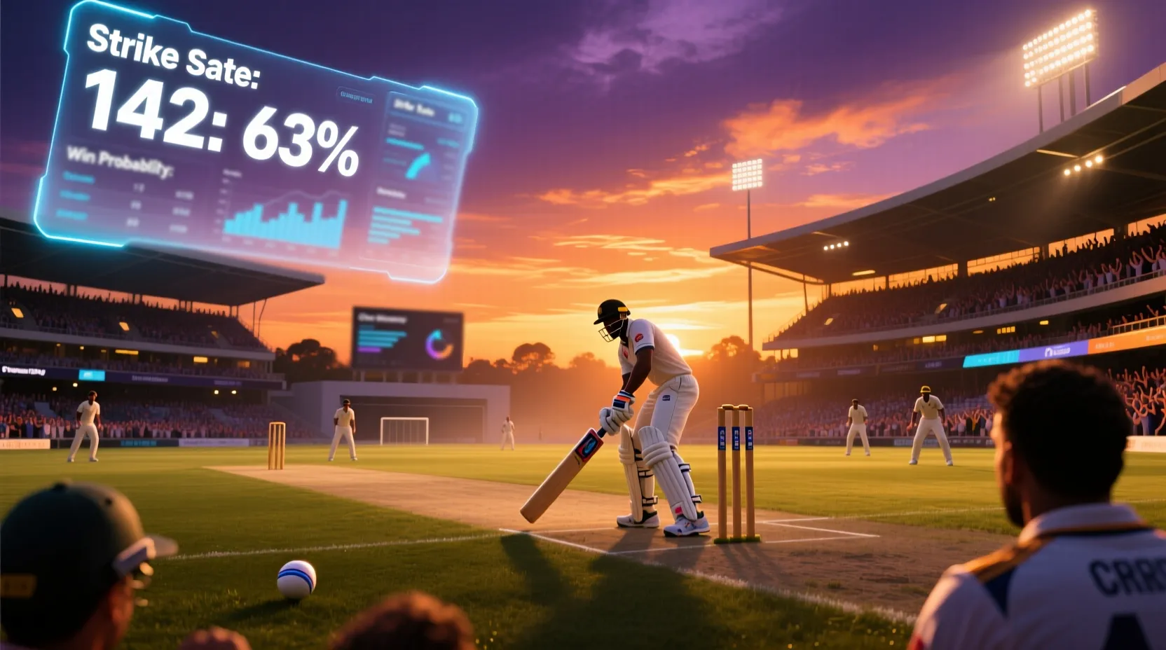 Cricket betting guide hero banner showing stadium at sunset with match in progress
