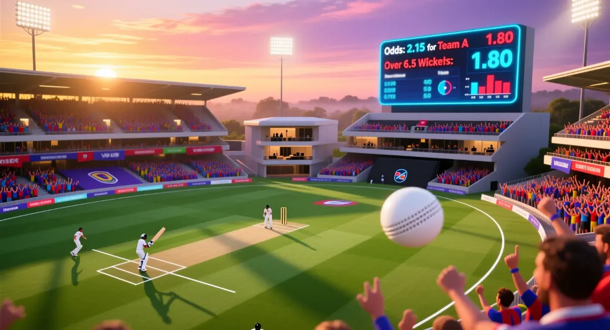 Professional cricket stadium with live betting odds display