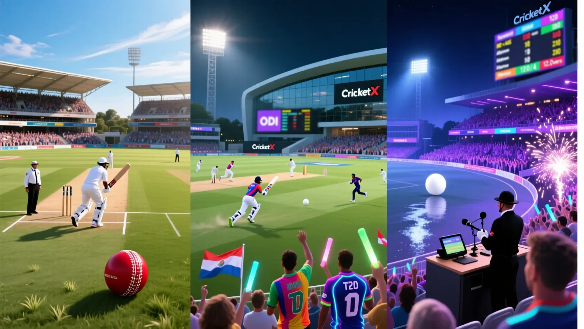 Cricket formats comparison showing Test, ODI and T20 matches