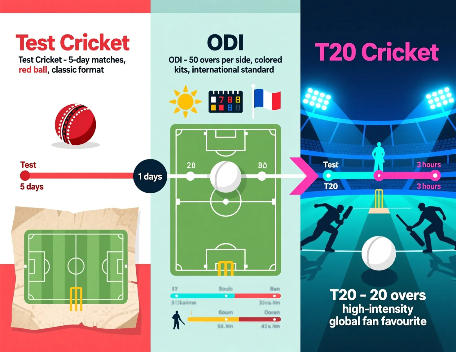Comparison infographic showing Test cricket, ODI cricket, and T20 cricket formats side by side