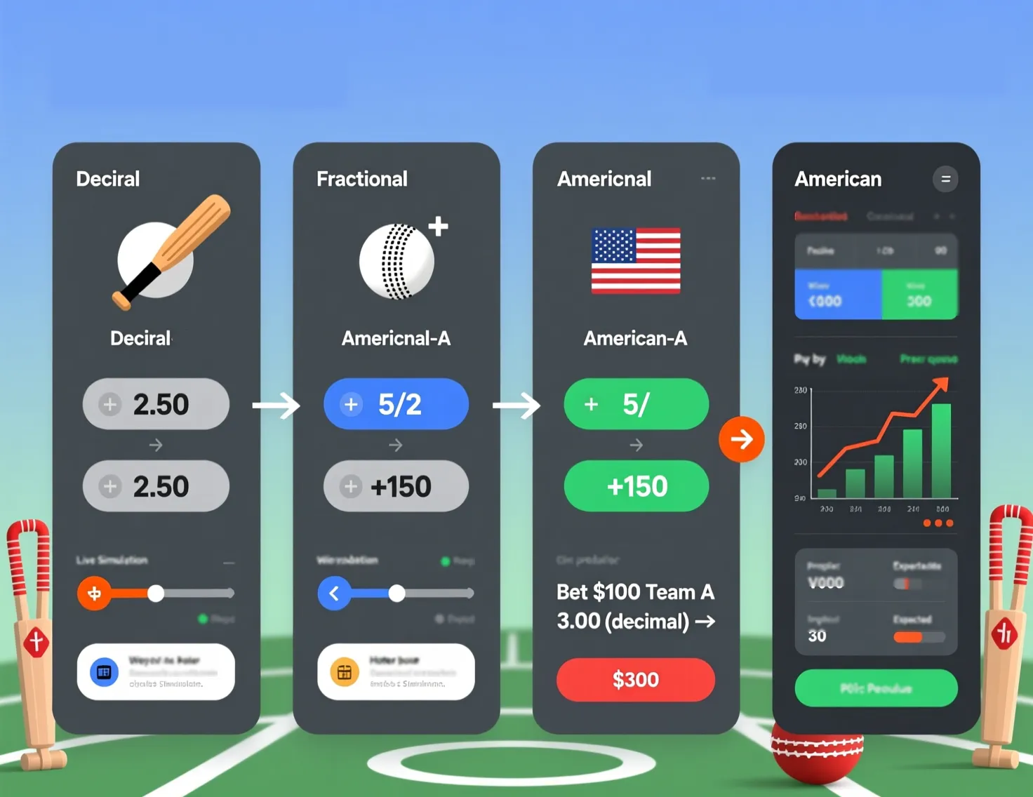 Infographic explaining cricket betting odds formats including decimal, fractional and American odds