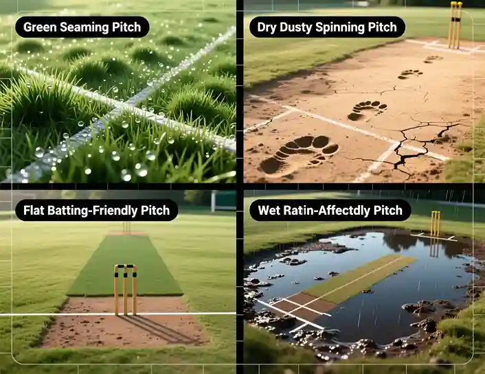 Different cricket pitch conditions showing green, dry, flat and wet pitches