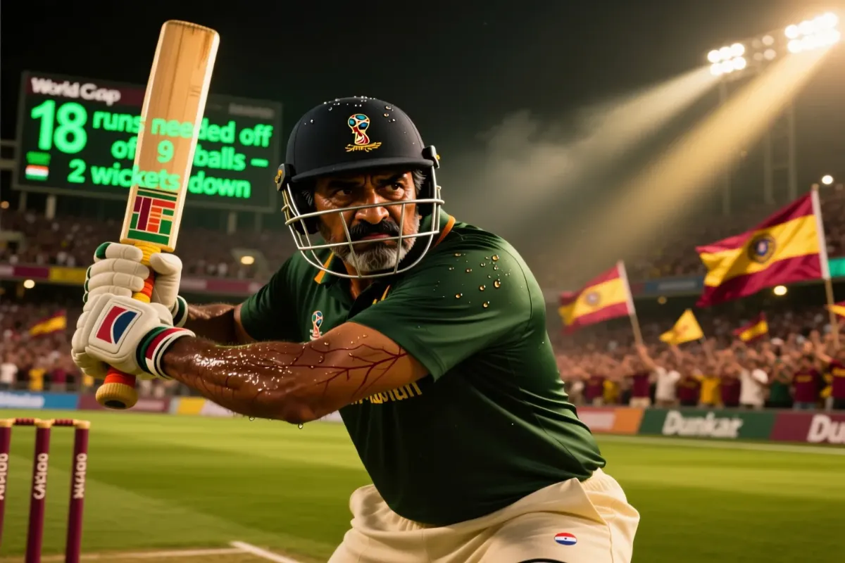 Cricket player under pressure during World Cup knockout match showing intense focus