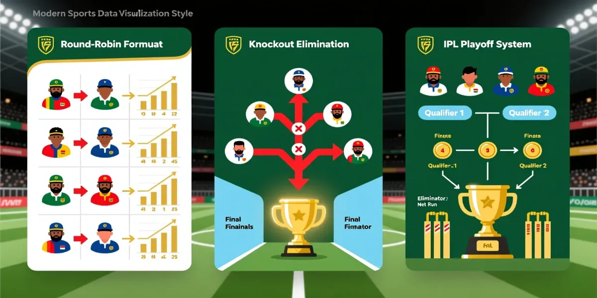 Cricket tournament structures infographic showing round-robin, knockout and IPL playoff formats